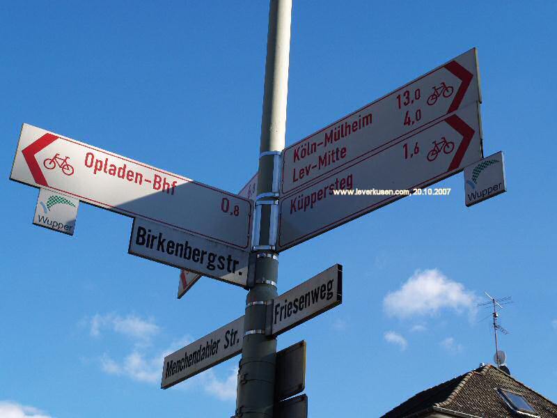 Birkenbergstr., Friesenweg, Menchendahler Str. Straßenschild und Radwegweiser