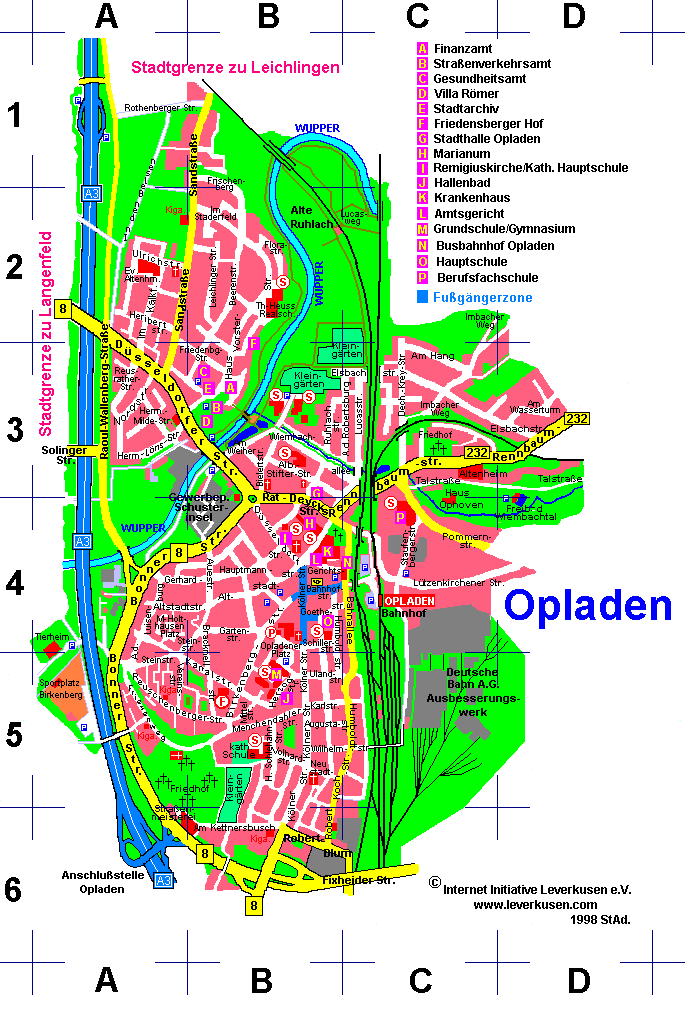 Karte (Stadtplan) Opladen (74 k) mit Am Hang, Beerenstr., Düsseldorfer Str., Frischenberg, Imbacher Weg, In den Belsen, Leichlinger Str., Lucasweg, Sandstr., Raoul-Wallenberg-Str., Rothenberger Str.
