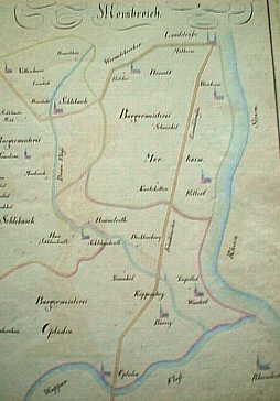 Ocular Plan von der Herrschaft Morsbroich, gezeichnet von dem Küppersteger Geometer Caspar Meier um 1825; Heutiges Stadtgebiet Leverkusen (12 k)