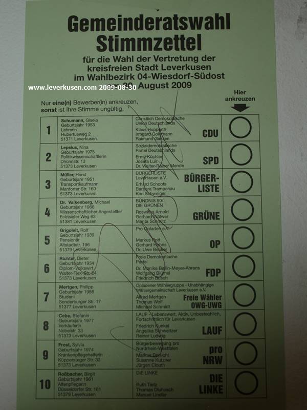Leverkusen, Bild: Stimmzettel Kommunalwahl 2009, Wahlkreis 04