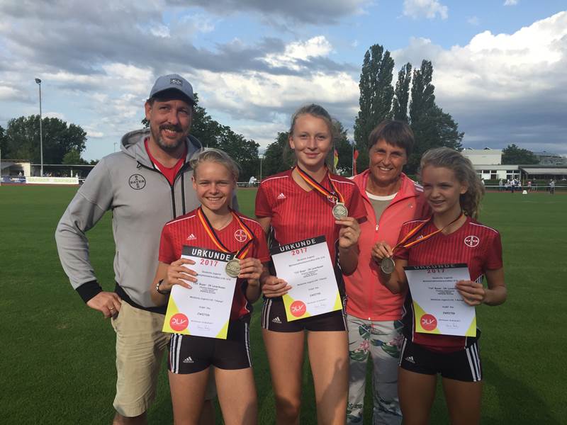Nachwuchs-Leichtathleten mit Trainern