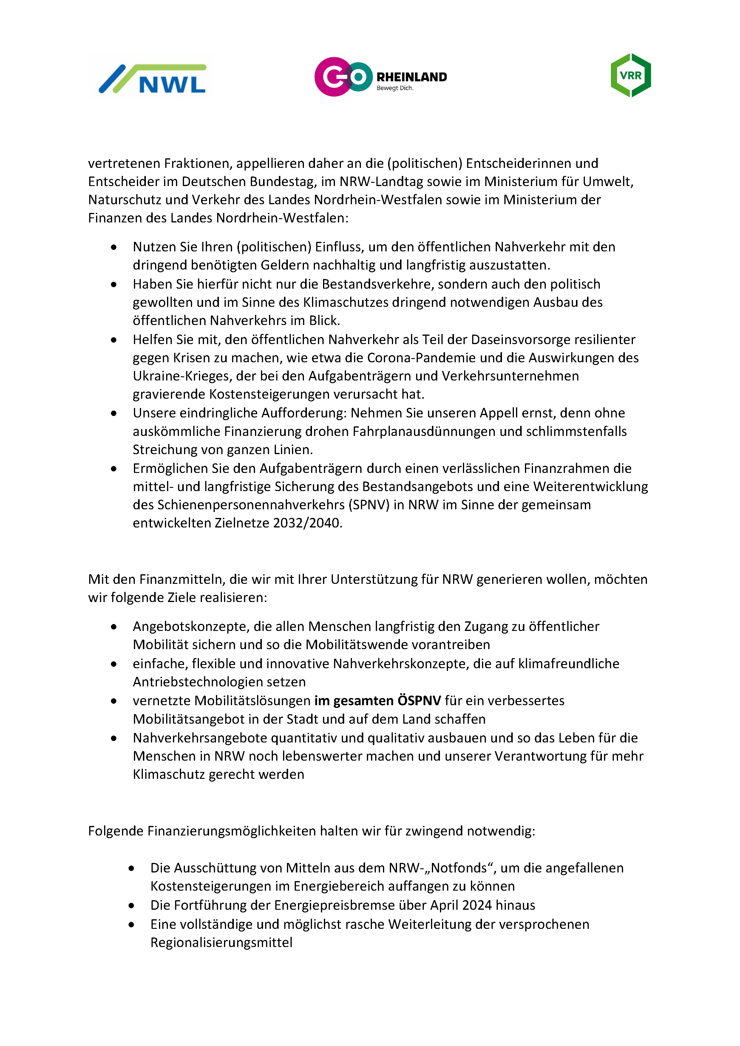 Resolution für mehr Geld im Nahverkehr // Dokument: go.Rheinland