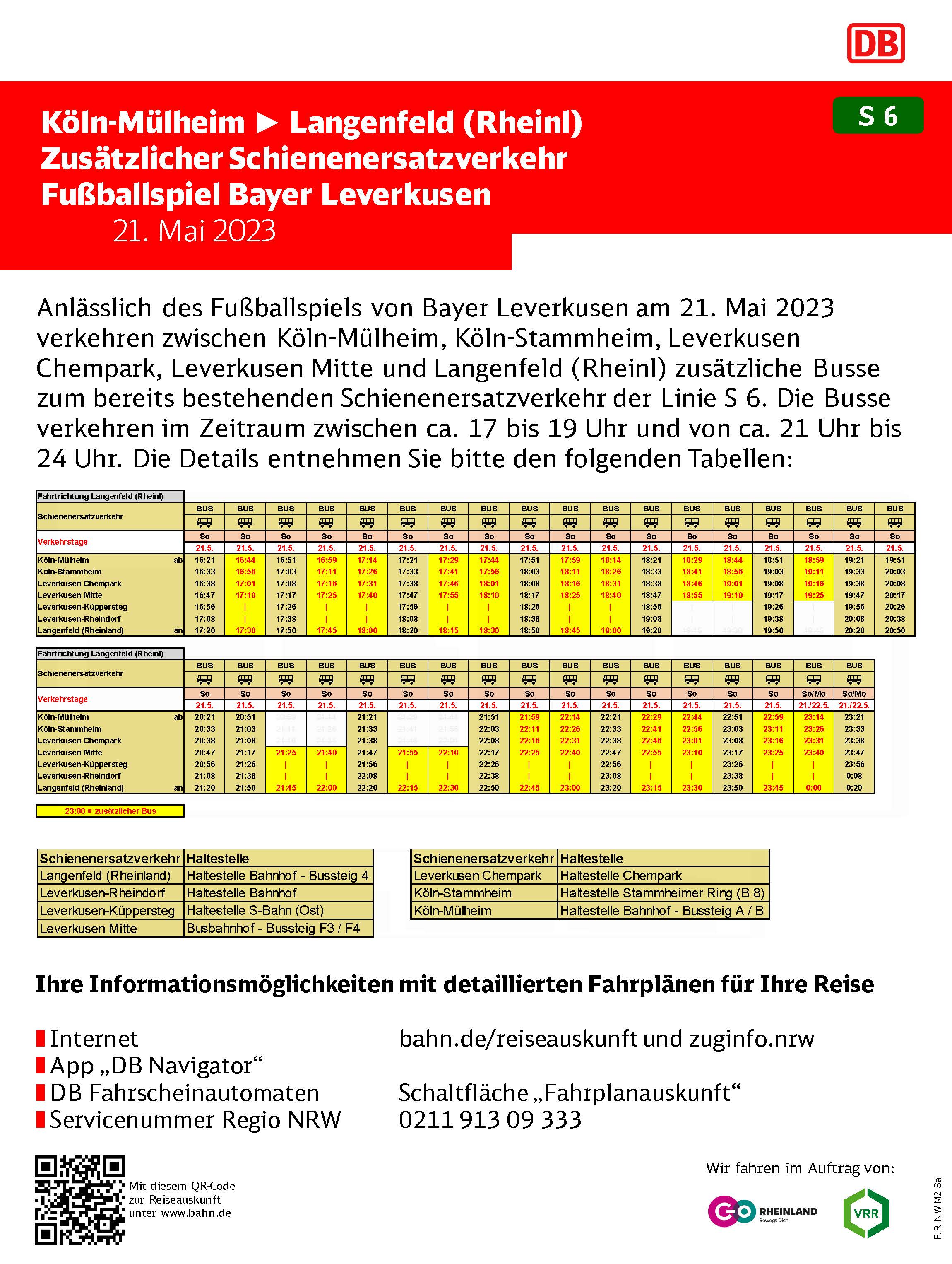 Schienenersatzverkehr Bayer 04 Leverkusen - Mönchengladbach am 21.05.2023 // Grafik: Deutsche Bahn